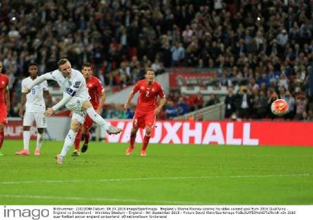 England s Wayne Rooney scoring his sides second goal Euro 2016 Qualifying - England vs Switzerland - Wembley Stadium - England - 8th September 2015 - Picture David Klein Sportimage EDITORIAL USE ONLY. No use with unauthorised audio, video, data, fixture lists, club league logos or live services. Online in-match use limited to 120 images, no video emulation. No use in betting, games or single club league player publications.