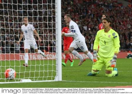Aktuell Fußball, EM Quali, England - Schweiz Wayne Rooney of England celebrates scoring his 50th England goal - England vs Switzerland - UEFA EURO EM Europameisterschaft Fussball 2016 Qualifier - Wembley Stadium - London - 08 09 2015 Pic Philip Oldham SportImage EDITORIAL USE ONLY. No use with unauthorised audio, video, data, fixture lists, club league logos or live services. Online in-match use limited to 120 images, no video emulation. No use in betting, games or single club league player publications.