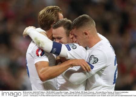 Aktuell Fußball, EM Quali, England - Schweiz Wayne Rooney of England celebrates scoring his 50th England goal - England vs Switzerland - UEFA EURO EM Europameisterschaft Fussball 2016 Qualifier - Wembley Stadium - London - 08 09 2015 Pic Philip Oldham SportImage EDITORIAL USE ONLY. No use with unauthorised audio, video, data, fixture lists, club league logos or live services. Online in-match use limited to 120 images, no video emulation. No use in betting, games or single club league player publications.
