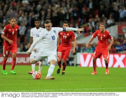 England s Wayne Rooney scoring his sides second goal Euro 2016 Qualifying - England vs Switzerland - Wembley Stadium - England - 8th September 2015 - Picture David Klein Sportimage EDITORIAL USE ONLY. No use with unauthorised audio, video, data, fixture lists, club league logos or live services. Online in-match use limited to 120 images, no video emulation. No use in betting, games or single club league player publications.