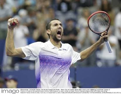 Marin Cilic of Croatia reacts after match point defeating Jo-Wilfried Tsonga of France in 5 sets in the quarterfinals in Arthur Ashe Stadium on day 9 at the US Open Tennis Championships at the USTA Billie Jean King National Tennis Center in New York City on September 8, 2015.  NYP20150908101 JOHNxANGELILLO