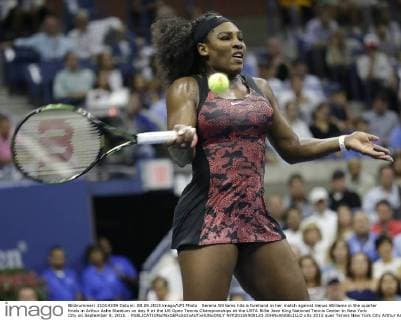 Serena Williams hits a forehand in her match against Venus Williams in the quarter finals in Arthur Ashe Stadium on day 9 at the US Open Tennis Championships at the USTA Billie Jean King National Tennis Center in New York City on September 8, 2015. .  NYP20150908123 JOHNxANGELILLO