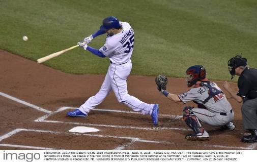 Sept. 8, 2015 - Kansas City, MO, USA - The Kansas City Royals Eric Hosmer (35) connects on a three-run double in the first inning in front of Minnesota Twins catcher Chris Herrmann (12) on Tuesday, Sept. 8, 2015, at Kauffman Stadium in Kansas City, Mo. Minnesota at Kansas City - ZUMAm67_
