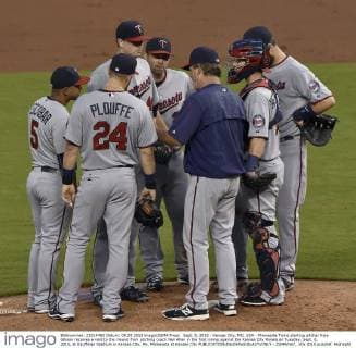 Sept. 8, 2015 - Kansas City, MO, USA - Minnesota Twins starting pitcher Kyle Gibson receives a visit to the mound from pitching coach Neil Allen in the first inning against the Kansas City Royals on Tuesday, Sept. 8, 2015, at Kauffman Stadium in Kansas City, Mo. Minnesota at Kansas City - ZUMAm67_