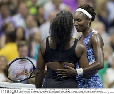 Sept. 8, 2015 - Flushing Meadows, New York, U.S - Serena Williams and sister, Venus Williams(R) congratulate each other after their game on Day Nine of the 2015 US Open at the USTA Billie Jean King National Tennis Center on Tuesday September 8, 2015 in the Flushing neighborhood of the Queens borough of New York City. Serena Williams won. S. Williams vs. V. Williams - ZUMAp124