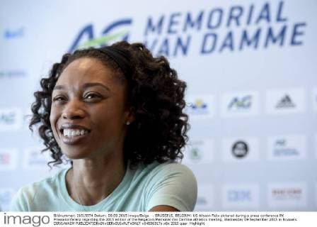 - BRUSSELS, BELGIUM: US Allyson Felix pictured during a press conference PK Pressekonferenz regarding the 2015 edition of the Belgacom Memorial Van Damme athletics meeting, Wednesday 09 September 2015 in Brussels. DIRKxWAEM  x04696317x