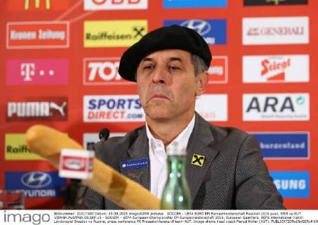 SOCCER - UEFA EURO EM Europameisterschaft Fussball 2016 quali, SWE vs AUT VIENNA,AUSTRIA,09.SEP.15 - SOCCER - UEFA European Championship EM Europameisterschaft 2016, European Qualifiers, OEFB international match Länderspiel Sweden vs Austria, press conference PK Pressekonferenz of team AUT. Image shows head coach Marcel Koller (AUT). GEPAxpictures xChristianxOrt