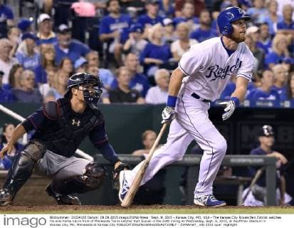 Sept. 9, 2015 - Kansas City, MO, USA - The Kansas City Royals Ben Zobrist watches his solo home run in front of Minnesota Twins catcher Kurt Suzuki in the sixth inning on Wednesday, Sept. 9, 2015, at Kauffman Stadium in Kansas City, Mo. Minnesota at Kansas City - ZUMAm67_