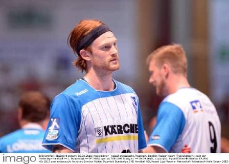 Kassel enttaeuscht, frustriert, Emotion Kasper Kisum (TVB Stuttgart) nach der Niederlage Handball --- 1. Bundesliga --- MT Melsungen vs TVB 1898 Stuttgart --- 09.09.2015 , Copyright: Sippel Eibner-Pressefoto EP_RSL