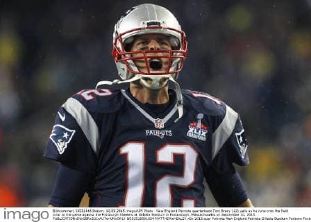 New England Patriots quarterback Tom Brady (12) yells as he runs onto the field prior to the game against the Pittsburgh Steelers at Gillette Stadium in Foxborough, Massachusetts on September 10, 2015.  BOS2015091004 MATTHEWxHEALEY