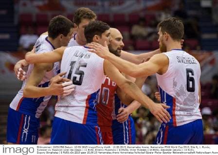 10.09.2015, Hamamatsu Arena, Hamamatsu FIVB World Cup 2015, Site B, 1. Runde, Tunesien vs. Russland Jubel Ilia Vlasov ( 11 RUS), Dmitriy Muserskiy ( 13 RUS), Victor Poletaev ( 14 RUS), Alexander Ianutov ( 10 RUS), Evgeny Sivozhelez ( 6 RUS)