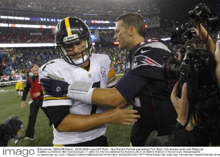 New England Patriots quarterback Tom Brady (12) shakes hands with Pittsburgh Steelers quarterback Ben Roethlisberger (7) after the Patriots defeated the Steelers 28-21 at Gillette Stadium in Foxborough, Massachusetts on September 10, 2015.  BOS2015091013 MATTHEWxHEALEY
