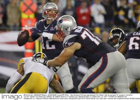 New England Patriots quarterback Tom Brady (12) drops back for a pass in the third quarter against the Pittsburgh Steelers at Gillette Stadium in Foxborough, Massachusetts on September 10, 2015. The Patriots defeated the Steelers 28-21.  BOS2015091014 MATTHEWxHEALEY
