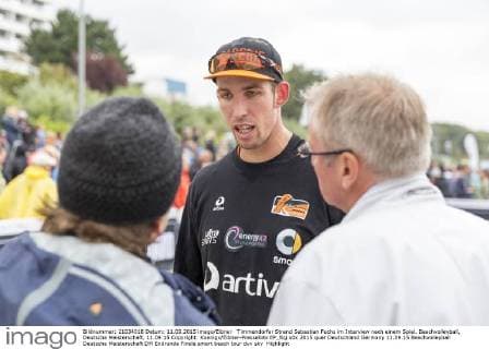 Timmendorfer Strand Sebastian Fuchs im Interview nach einem Spiel. Beachvolleyball, Deutsche Meisterschaft, 11.09.15 Copyright: Koenigx Eibner-Pressefoto EP_fkg