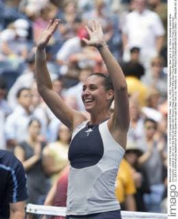 Sept. 11, 2015 - Flushing Meadows, New York, U.S - Flavia Pennetta reacts after winning her match on Day 12 of the 2015 US Open with Simona Halep at the USTA Billie Jean King National Tennis Center on Friday September 11, 2015 in the Flushing neighborhood of the Queens borough of New York City. Pennetta vs. Halep - ZUMAp124