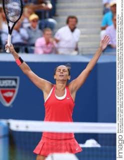 Roberta Vinci of Italy celebrates after defeating Serena Williams of the USA in three sets in their semi-final match at the US Open Tennis Championships at the USTA Billie Jean King National Tennis Center in New York City on September 11, 2015. Williams, who lost 2-6, 6-4, 6-4, .  NYP20150911301 MONIKAxGRAFF