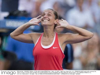 Sept. 11, 2015 - New York, New York, U.S - ROBERTA VINCI reacts after winning her match on Day 12 of the 2015 US Open with Serena Williams at the USTA Billie Jean King National Tennis Center. Vinci defeated Williams 2:6, 6:4, 6:4. Tennis 2015 - US Open - Day 12 - ZUMAp124