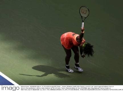 Serena Williams reacts after losing a point in her match against Roberta Vinci of Italy in the semifinals in Arthur Ashe Stadium at the US Open Tennis Championships at the USTA Billie Jean King National Tennis Center in New York City on September 11, 2015. Vinci defeated Williams 2-6, 6-4, 6-4 and Williams .  NYP20150911144 JOHNxANGELILLO