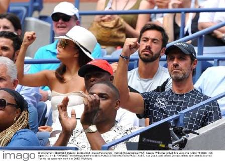 Patrick Mouratoglou (FRA) Serena Williams (USA) Eva Longoria (USA) TENNIS : US Open 2015 - 11 09 2015 TennisMagazine Panoramic 