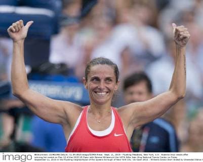 Sept. 11, 2015 - Flushing Meadows, New York, U.S - Roberta Vinci reacts after winning her match on Day 12 of the 2015 US Open with Serena Williams at the USTA Billie Jean King National Tennis Center on Friday September 11, 2015 in the Flushing neighborhood of the Queens borough of New York City. US Open 2015 : Williams Grand Slam Ended by Unseeded Italian - ZUMAp124