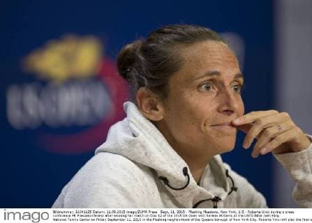 Sept. 11, 2015 - Flushing Meadows, New York, U.S - Roberta Vinci during a press conference PK Pressekonferenz after winning her match on Day 12 of the 2015 US Open with Serena Williams at the USTA Billie Jean King National Tennis Center on Friday September 11, 2015 in the Flushing neighborhood of the Queens borough of New York City. Roberta Vinci will play the final against Flavia Pennetta. US Open 2015 : Williams Grand Slam Ended by Unseeded Italian - ZUMAp124