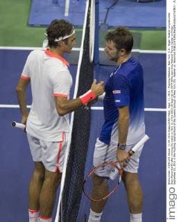Sept. 11, 2015 - Flushing Meadows, New York, U.S - Roger Federer congratulates Stan Wawrinka(R) after winning his match on Day 12 of the 2015 US Open at the USTA Billie Jean King National Tennis Center on Friday September 11, 2015 in the Flushing neighborhood of the Queens borough of New York City. Federer vs. Wawrinka - ZUMAp124
