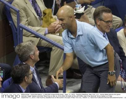 Sept. 11, 2015 - Flushing Meadows, New York, U.S - James Blake attends the game between Roger Federer and Stan Wawrinka on Day 12 of the 2015 US Open at the USTA Billie Jean King National Tennis Center on Friday September 11, 2015 in the Flushing neighborhood of the Queens borough of New York City. Federer vs. Wawrinka - ZUMAp124