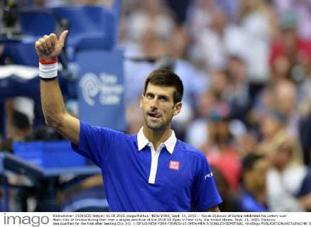 NEW YORK, Sept. 11, 2015 -- Novak Djokovic of Serbia celebrates his victory over Marin Cilic of Croatia during their men s singles semifinal at the 2015 US Open in New York, the United States, Sept. 11, 2015. Djokovic was qualified for the final after beating Cilic 3-0. ) (SP)US-NEW YORK-TENNIS-US OPEN-MEN S SINGLES-SEMIFINAL YinxBogu 