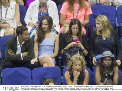 Sept. 11, 2015 - Flushing Meadows, New York, U.S - Barbara Pierce Bush(Blue dress) and Jenna Bush(R) attend the match on Day 12 of the 2015 US Open between Roger Federer and Stan Wawrinka at the USTA Billie Jean King National Tennis Center on Friday September 11, 2015 in the Flushing neighborhood of the Queens borough of New York City. Federer vs. Wawrinka - ZUMAp124