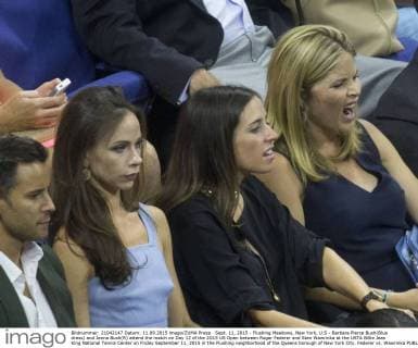 Sept. 11, 2015 - Flushing Meadows, New York, U.S - Barbara Pierce Bush(Blue dress) and Jenna Bush(R) attend the match on Day 12 of the 2015 US Open between Roger Federer and Stan Wawrinka at the USTA Billie Jean King National Tennis Center on Friday September 11, 2015 in the Flushing neighborhood of the Queens borough of New York City. Federer vs. Wawrinka - ZUMAp124