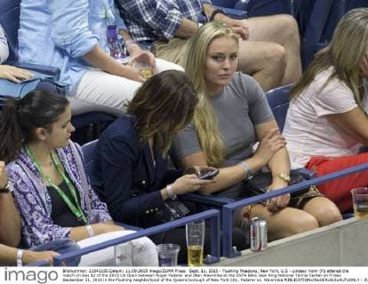 Sept. 11, 2015 - Flushing Meadows, New York, U.S - Lindsey Vonn (R) attends the match on Day 12 of the 2015 US Open between Roger Federer and Stan Wawrinka at the USTA Billie Jean King National Tennis Center on Friday September 11, 2015 in the Flushing neighborhood of the Queens borough of New York City. Federer vs. Wawrinka - ZUMAp124