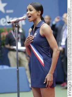 Ciara performs God Bless America before Flavia Pennetta of Italy plays Roberta Vinci of Italy in the Women s Final in Arthur Ashe Stadium at the US Open Tennis Championships at the USTA Billie Jean King National Tennis Center in New York City on September 12, 2015.  NYP20150912107 JOHNxANGELILLO