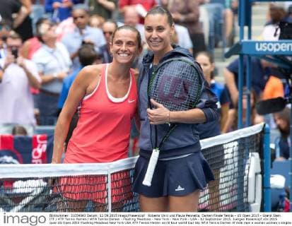 Roberta Vinci und Flavia Pennetta, Damen Finale Tennis - US Open 2015 - Grand Slam ITF ATP Tennis Herren WTA Tennis Damen - Flushing Meadows - New York - New York - USA - 12 September 2015. Juergen Hasenkopf