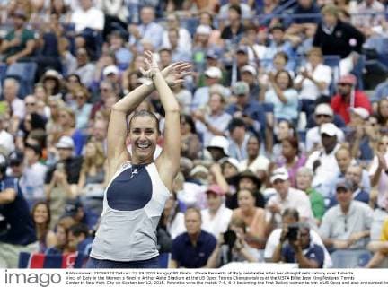 Flavia Pennetta of Italy celebrates after her straight sets victory over Roberta Vinci of Italy in the Women s Final in Arthur Ashe Stadium at the US Open Tennis Championships at the USTA Billie Jean King National Tennis Center in New York City on September 12, 2015. Pennetta wins the match 7-6, 6-2 becoming the first Italian women to win a US Open and also announced her possible retirement at the Trophy Ceremony.  NYP20150912125 JOHNxANGELILLO