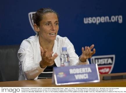 Sept. 12, 2015 - Flushing Meadows, New York, U.S - Roberta Vinci during a press conference PK Pressekonferenz on Day 13 of the 2015 US Open after losing to Flavia Pennetta at the USTA Billie Jean King National Tennis Center on Saturday September 12, 2015 in the Flushing neighborhood of the Queens borough of New York City. Pennetta won by a score of 7-6(7-4), 6-2. Pennetta vs. Vinci - ZUMAp124