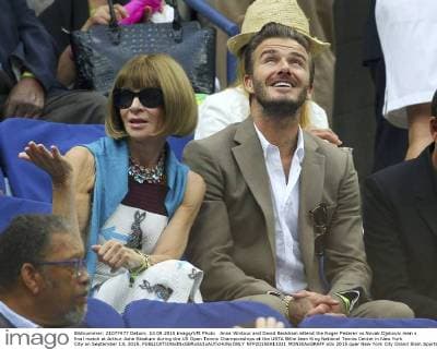 Anna Wintour and David Beckham attend the Roger Federer vs Novak Djokovic men s final match at Arthur Ashe Stadium during the US Open Tennis Championships at the USTA Billie Jean King National Tennis Center in New York City on September 13, 2015.  NYP20150913321 MONIKAxGRAFF
