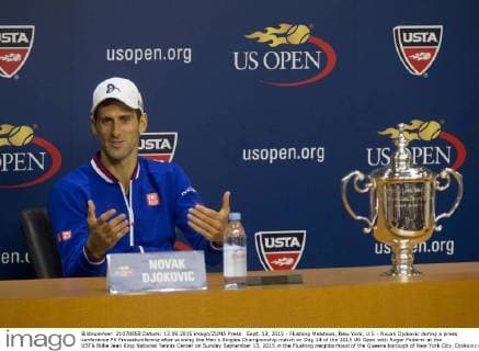 Sept. 13, 2015 - Flushing Meadows, New York, U.S - Novak Djokovic during a press conference PK Pressekonferenz after winning the Men s Singles Championship match on Day 14 of the 2015 US Open with Roger Federer at the USTA Billie Jean King National Tennis Center on Sunday September 13, 2015 in the Flushing neighborhood of the Queens borough of New York City. Djokovic won by a score of 6-4, 7-5, 6-4, 6-4. Federer vs. Djokovic - ZUMAp124