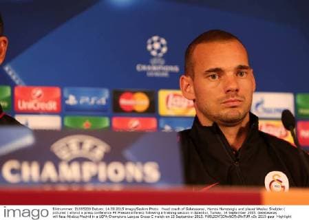 Head coach of Galatasaray, Hamza Hamzaoglu and player Wesley Sneijder ( pictured ) attend a press conference PK Pressekonferenz following a training session in Istanbul, Turkey, 14 September 2015. Galatasaray will face Atletico Medrid in a UEFA Champions League Group C match on 15 September 2015. 