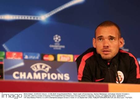 Head coach of Galatasaray, Hamza Hamzaoglu and player Wesley Sneijder ( pictured ) attend a press conference PK Pressekonferenz following a training session in Istanbul, Turkey, 14 September 2015. Galatasaray will face Atletico Medrid in a UEFA Champions League Group C match on 15 September 2015. 
