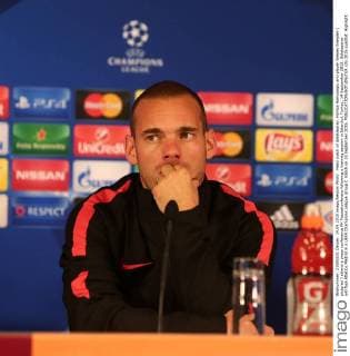 Head coach of Galatasaray, Hamza Hamzaoglu and player Wesley Sneijder ( pictured ) attend a press conference PK Pressekonferenz following a training session in Istanbul, Turkey, 14 September 2015. Galatasaray will face Atletico Medrid in a UEFA Champions League Group C match on 15 September 2015. 