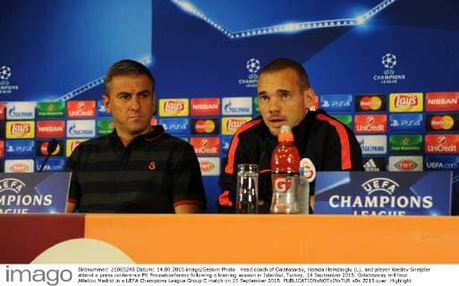 Head coach of Galatasaray, Hamza Hamzaoglu (L), and player Wesley Sneijder attend a press conference PK Pressekonferenz following a training session in Istanbul, Turkey, 14 September 2015. Galatasaray will face Atletico Medrid in a UEFA Champions League Group C match on 15 September 2015. 
