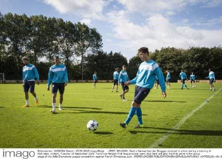 - GENT, BELGIUM: Gent s Hannes Van der Bruggen pictured in action during a training of KAA Gent, in Gent, Tuesday 15 September 2015. Tomorrow Belgian first league soccer team KAA Gent will play the first game in the group stage of the Uefa Champions League competition against French Olympique Lyon. JASPERxJACOBS  x04700125x