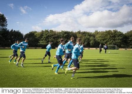 - GENT, BELGIUM: Gent s players pictured in action during a training of KAA Gent, in Gent, Tuesday 15 September 2015. Tomorrow Belgian first league soccer team KAA Gent will play the first game in the group stage of the Uefa Champions League competition against French Olympique Lyon. JASPERxJACOBS  x04700129x
