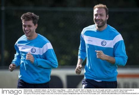 - GENT, BELGIUM: Gent s Hannes Van der Bruggen and Gent s Laurent Depoitre pictured in action during a training of KAA Gent, in Gent, Tuesday 15 September 2015. Tomorrow Belgian first league soccer team KAA Gent will play the first game in the group stage of the Uefa Champions League competition against French Olympique Lyon. JASPERxJACOBS  x04700150x