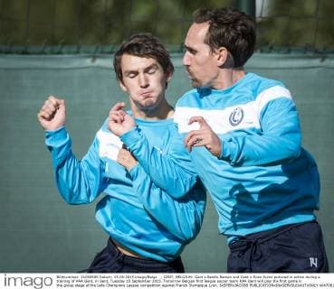 - GENT, BELGIUM: Gent s Benito Raman and Gent s Sven Kums pictured in action during a training of KAA Gent, in Gent, Tuesday 15 September 2015. Tomorrow Belgian first league soccer team KAA Gent will play the first game in the group stage of the Uefa Champions League competition against French Olympique Lyon. JASPERxJACOBS  x04700166x