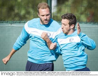 - GENT, BELGIUM: Gent s Laurent Depoitre and Gent s Brecht Dejaegere pictured in action during a training of KAA Gent, in Gent, Tuesday 15 September 2015. Tomorrow Belgian first league soccer team KAA Gent will play the first game in the group stage of the Uefa Champions League competition against French Olympique Lyon. JASPERxJACOBS  x04700165x