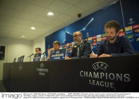 - GENT, BELGIUM: Illustration picture shows a press conference PK Pressekonferenz of KAA Gent, in Gent, Tuesday 15 September 2015. Tomorrow Belgian first league soccer team KAA Gent will play the first game in the group stage of the Uefa Champions League competition against French Olympique Lyon. JASPERxJACOBS  x04700219x
