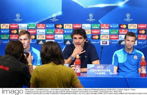 Dinamo press conference PK Pressekonferenz 15.09.2015., Croatia, Zagreb - Press conference announced the Champions League game between Dinamo and Arsenal.Zoran Mamic, Domagoj Antolic, Marko Rog.  SlavkoxMidzor PIXSELL
