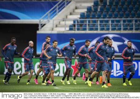 - GENT, BELGIUM: Lyon s players pictured in action during a training of Olympique Lyon, in Ghelamco Arena stadium in Gent, Tuesday 15 September 2015. Tomorrow French Olympique Lyon will play the first game in the group stage of the Uefa Champions League competition against Belgian first league soccer team KAA Gent. JASPERxJACOBS  x04700496x