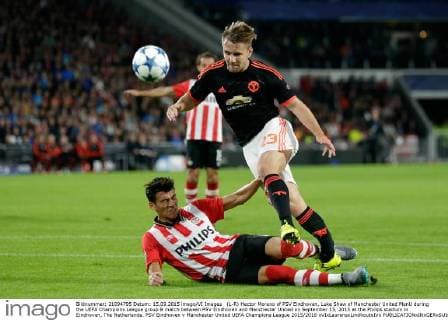 (L-R) Hector Moreno of PSV Eindhoven, Luke Shaw of Manchester United ManU during the UEFA Champions League group B match between PSV Eindhoven and Manchester United on September 15, 2015 at the Philips stadium in Eindhoven, The Netherlands. PSV Eindhoven v Manchester United UEFA Champions League 2015 2016 xVIxLaurensxLindhoutxIVx 4330184